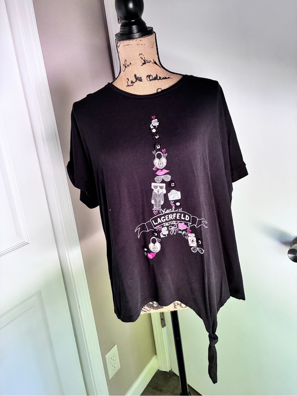Karl Lagerfeld Black Tee with Pink & White Eiffel Motif and Side Knot